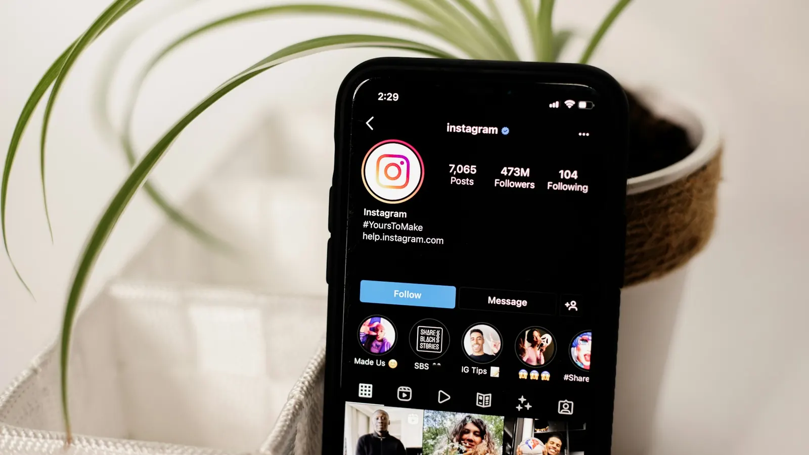 Smartphone showing a brand's Instagram profile grid and follower count