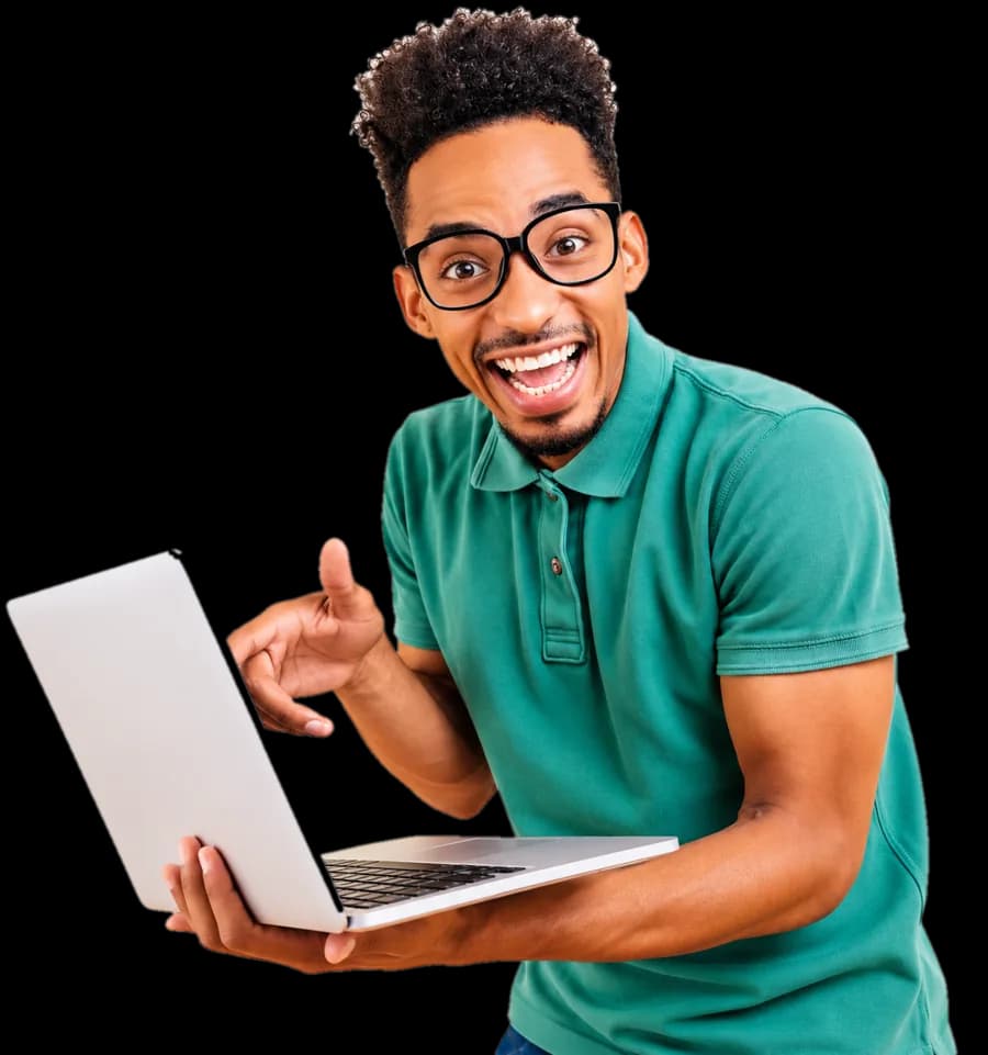 Delighted business owner pointing at his laptop after seeing his website cost estimate