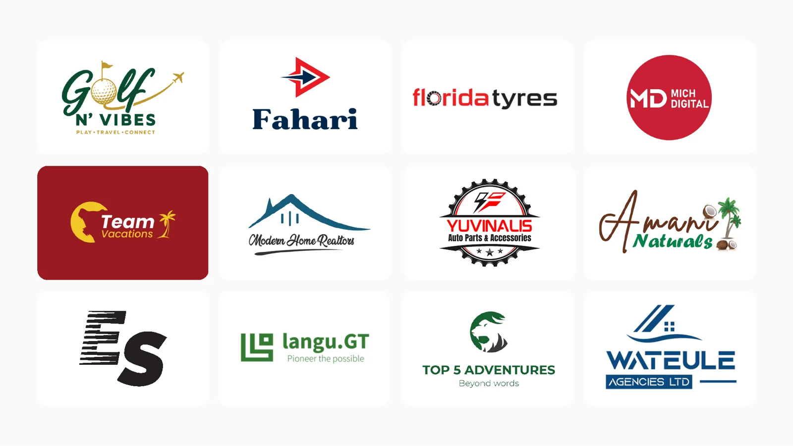 Logos including Golf N' Vibes, Fahari, Florida Tyres and Yuvinalis