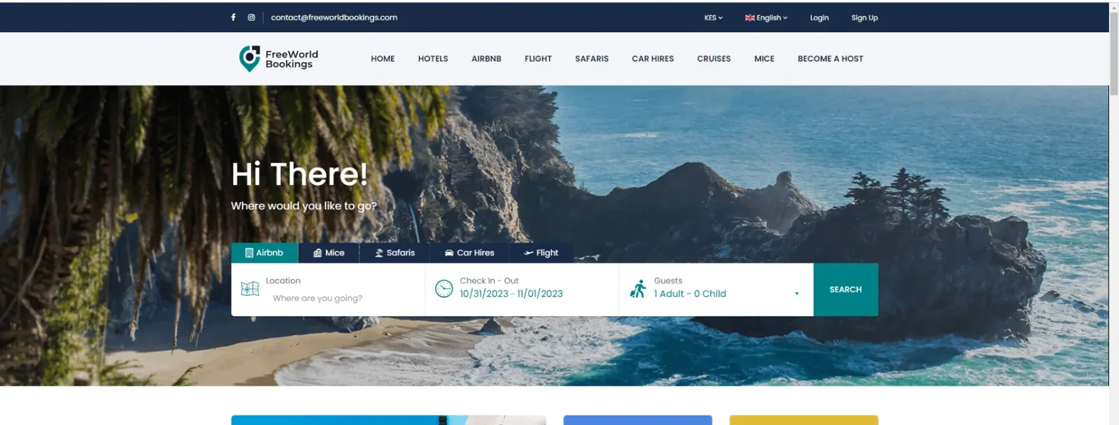 FreeWorld Bookings website with search form