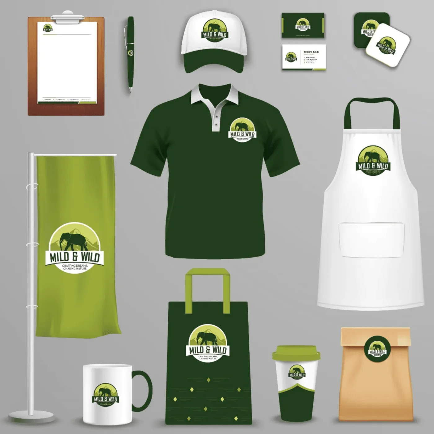 Mild & Wild brand identity applied to uniforms, signage and packaging, by Bravura