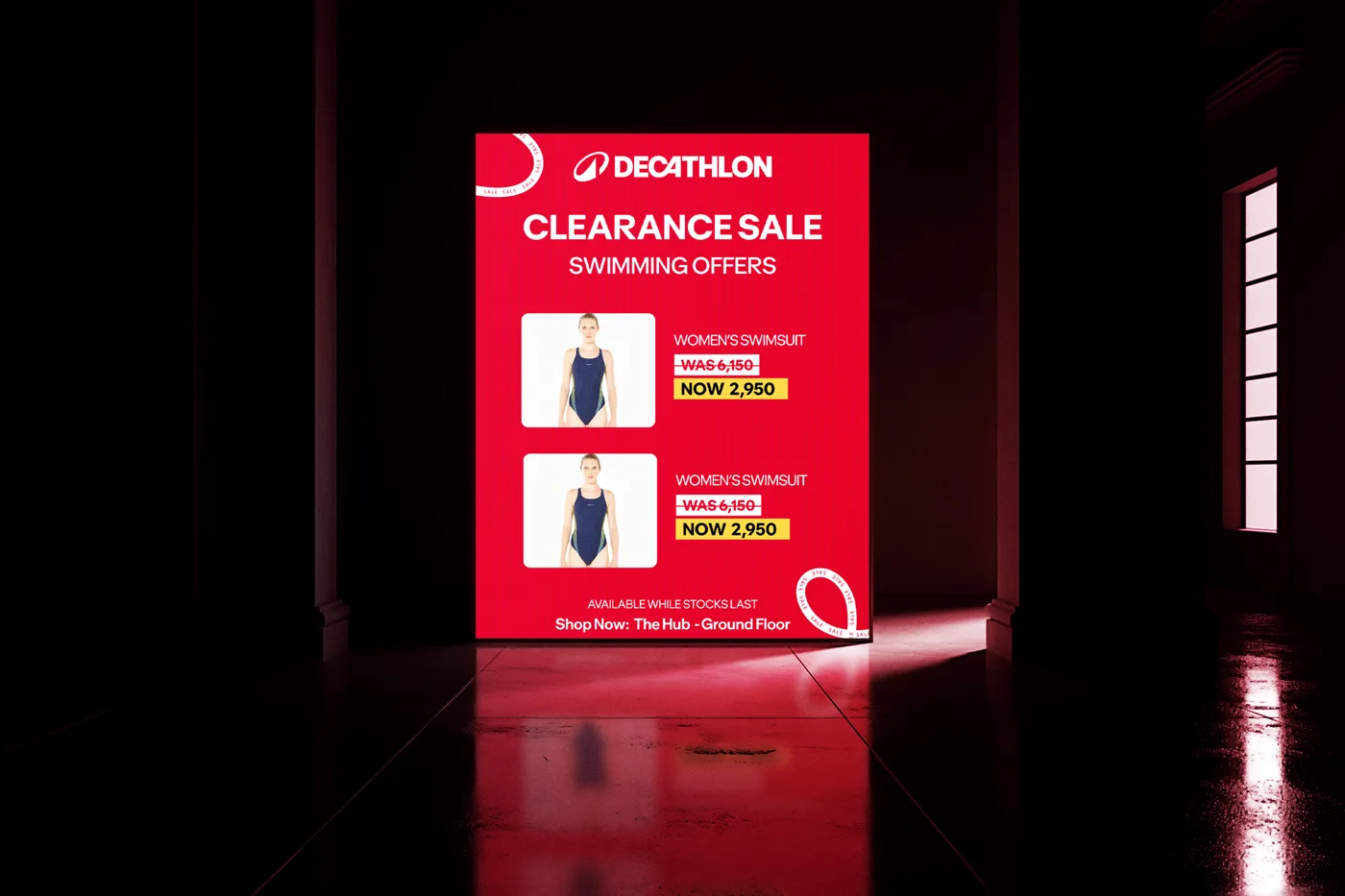 Clearance sale swimming offers on an in-store lightbox screen