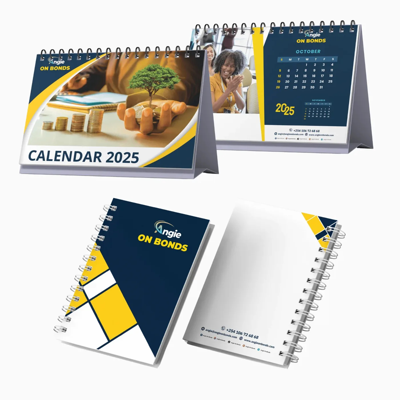 Angie on Bonds branded calendar and notebook